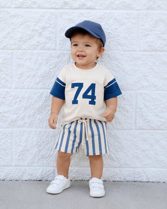 Cobalt stripe shorts and number tee baby outfit