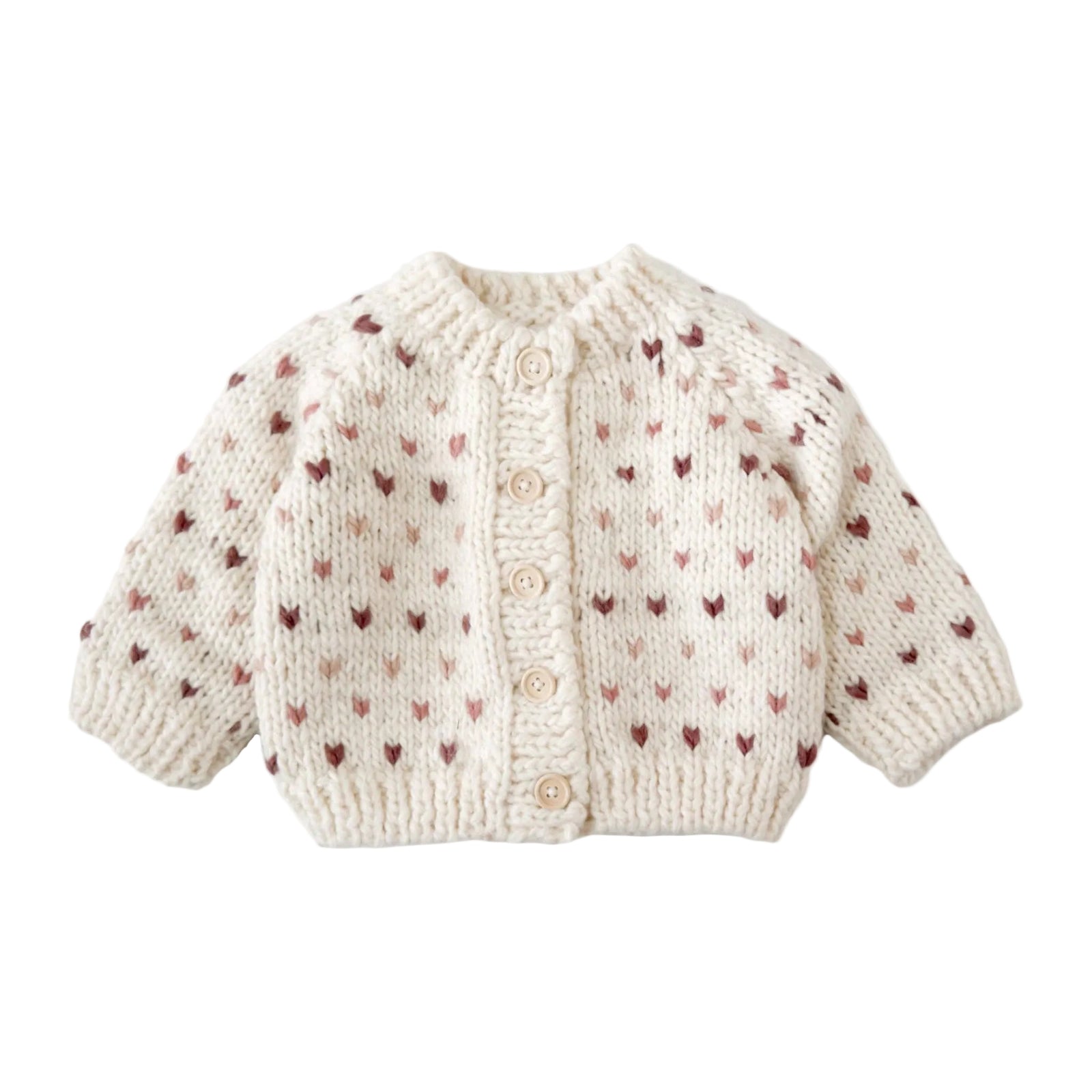 Knitted baby cardigan with heart pattern on a white background