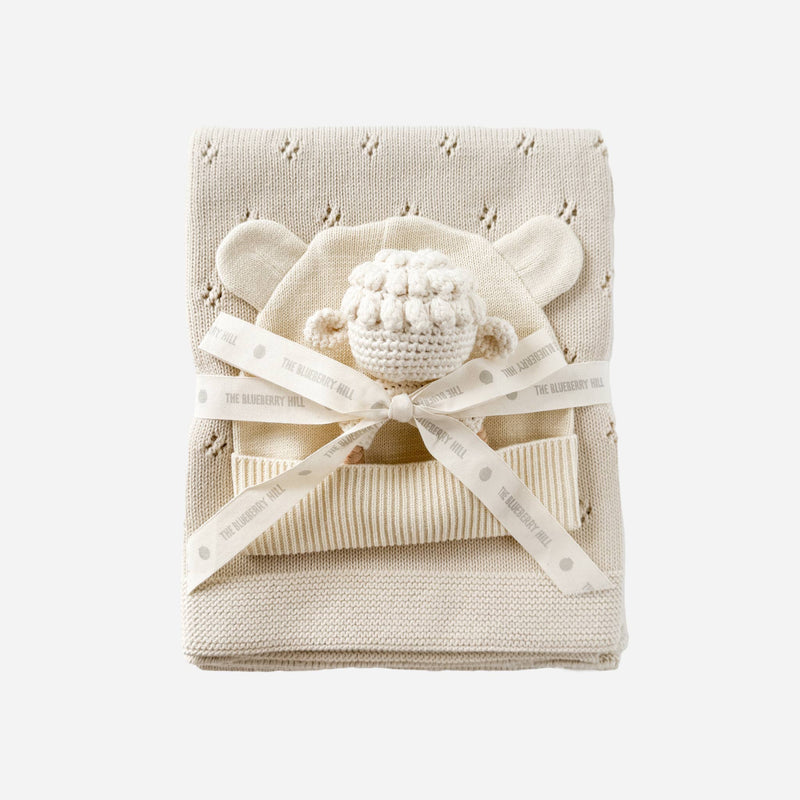 Set Lamb Pique Blanket Hat Rattle Teether Baby Shower Gift