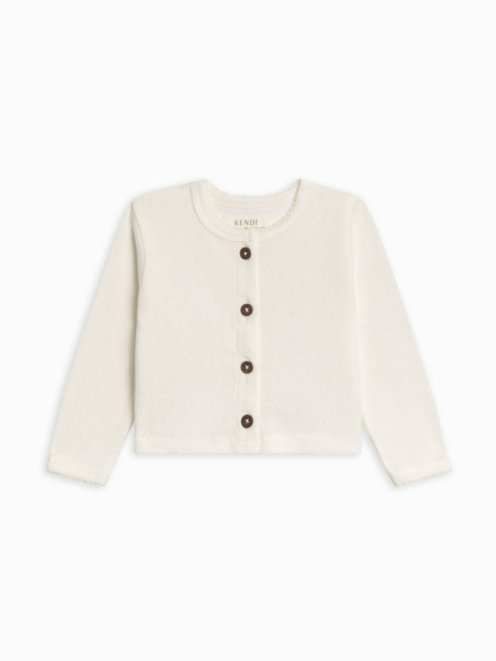 Pointelle button-down baby cardigan in coconut organic cotton