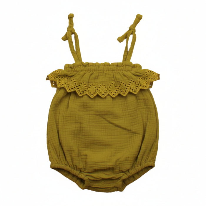 Ochre ruffle cotton baby romper, pre-loved