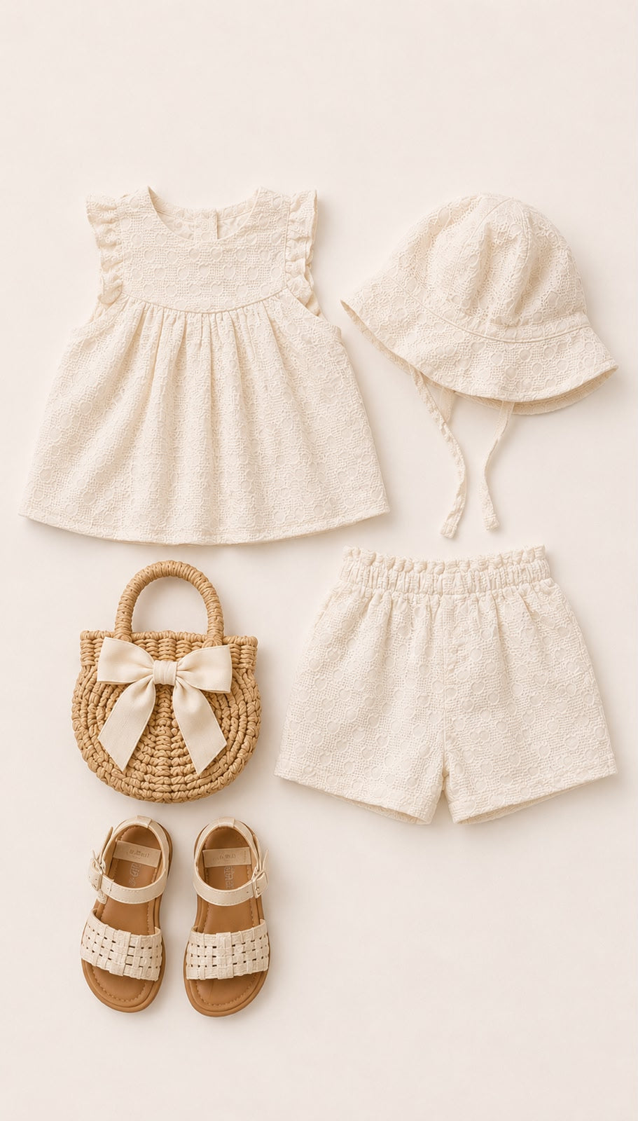 A flatlay of premium newborn pieces in cream and natural tones.
