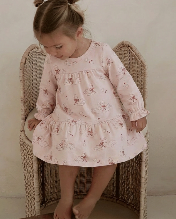 Swan print tiered jersey baby dress