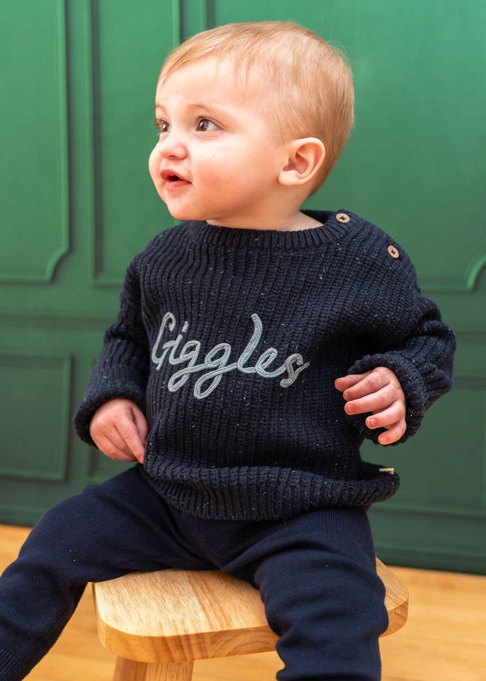 Chunky Knit Slouchy Baby Pullover – Speckled Navy Organic Cotton