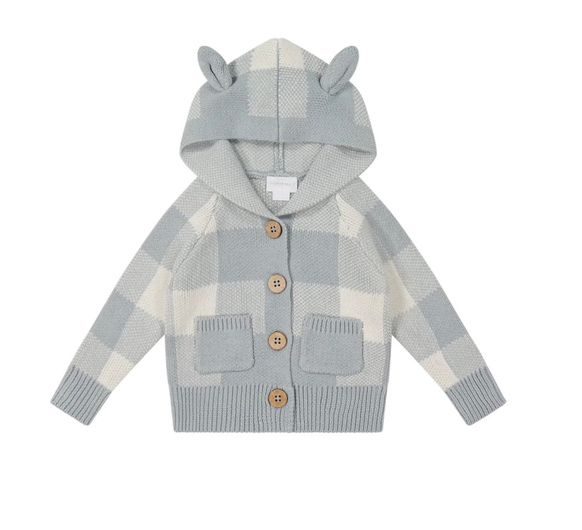 Blue & Cream Plaid Knit Hooded Cardigan