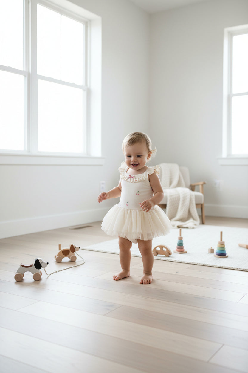 White baby romper with cherry pattern and ruffled sleeves on a white background