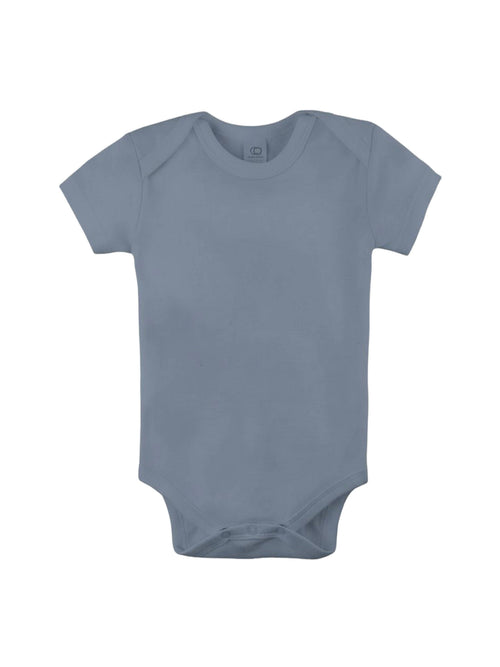 Plain blue baby onesie on a white background