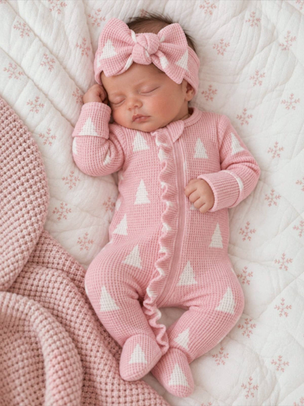 Pink Christmas Trees Organic Waffle Ruffle Baby Footie