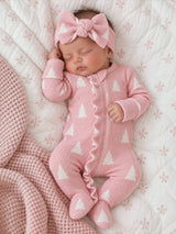 Pink Christmas Trees Organic Waffle Ruffle Baby Footie