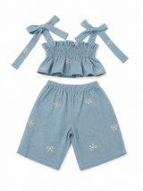 Denim bow-tie crop top and pant baby set – view 3