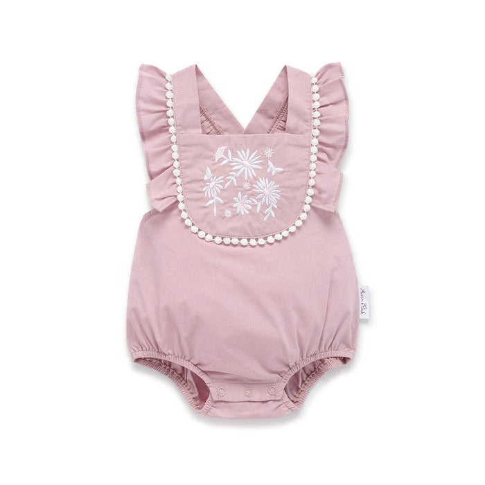 Daisy Embroidered Bubble Romper - Pink