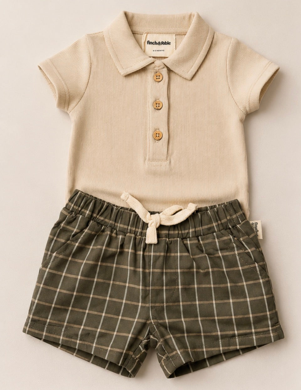 Tarmac Grid Short & Oat Polo Bodysuit Set- OEKO-TEX certified