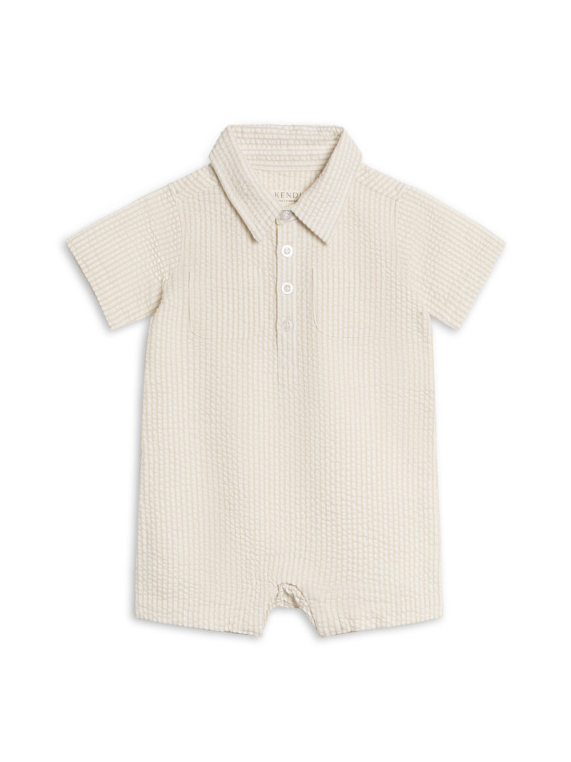 Mato Seersucker Collared Romper - Dune Stripe