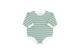 Striped baby romper with long sleeves on a white background