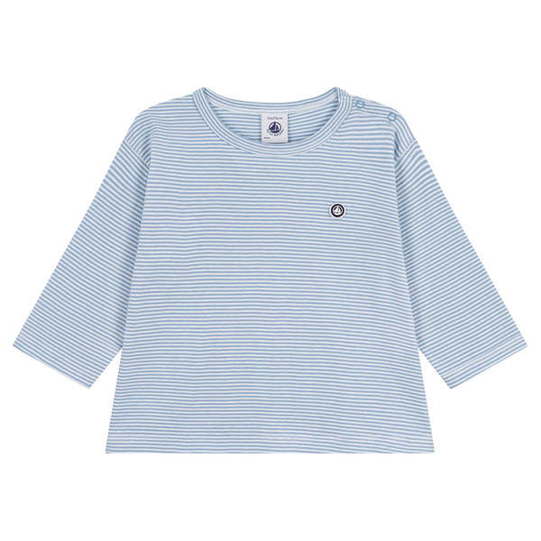 A light blue and white striped long-sleeve t-shirt with a small circular logo on the left chest, displayed flat against a solid white background.