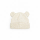 Baby blanket with bear pattern, cream hat with bear ears, and wooden ring toy on a white background