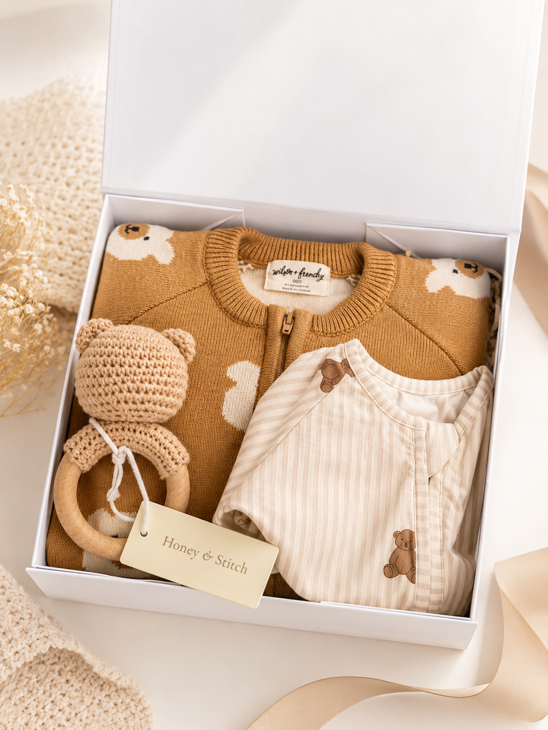 Baby clothing set with brown jacket, white romper, and wooden toy in a box labeled 'Honey & Stitch'.