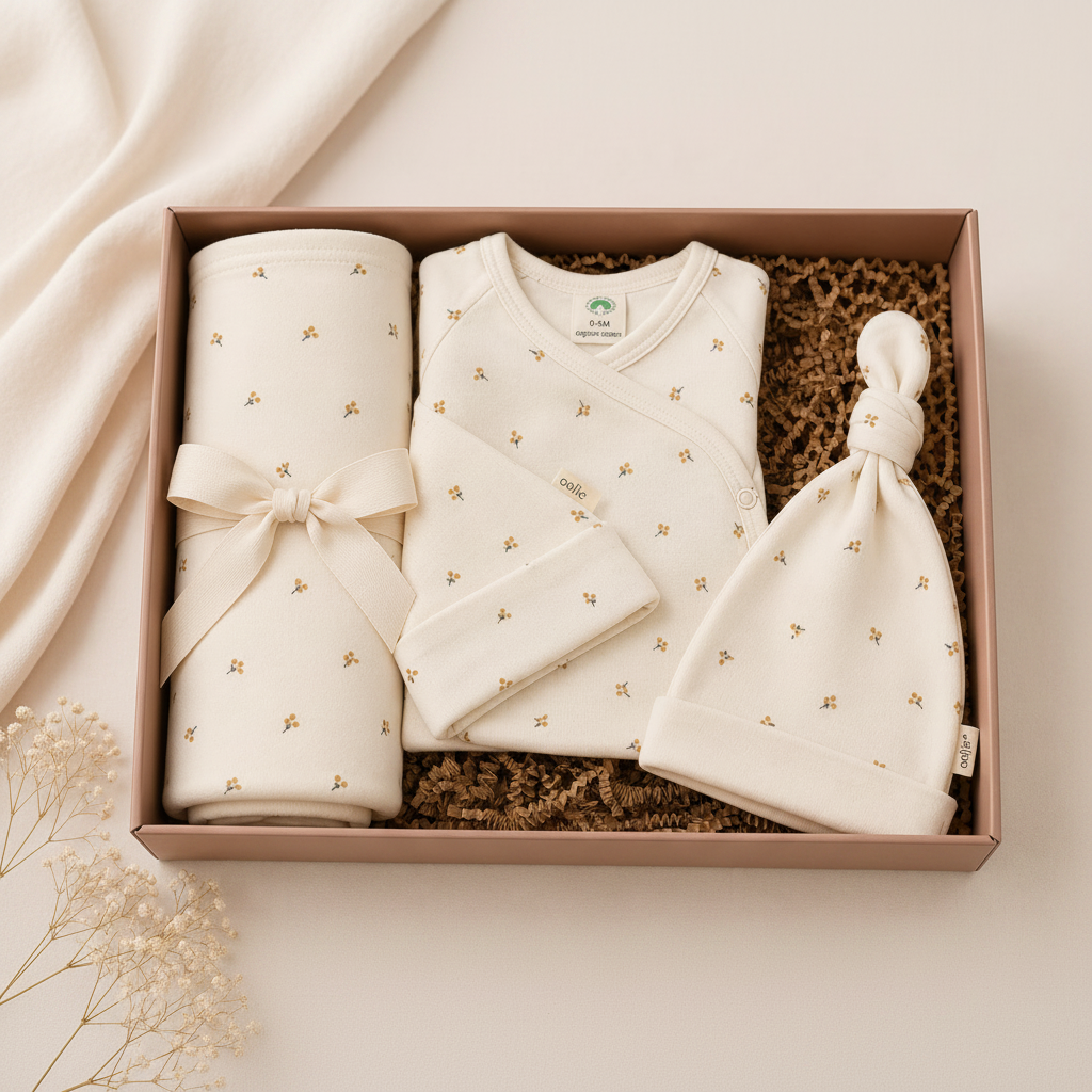 Baby clothing set with swaddle, romper, pants, and hat in a box on a light background