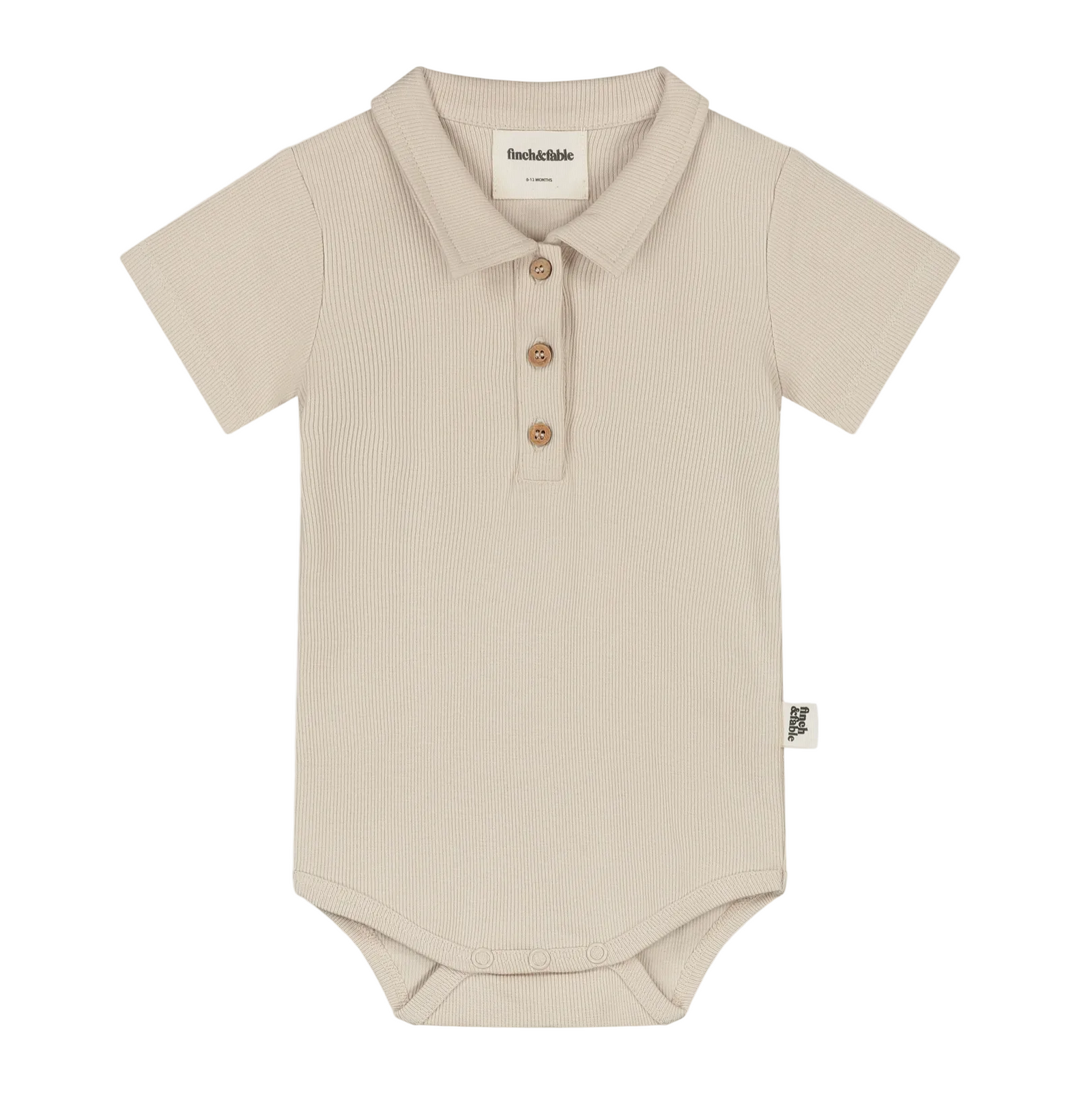 Beige baby bodysuit with short sleeves and collar on a white background