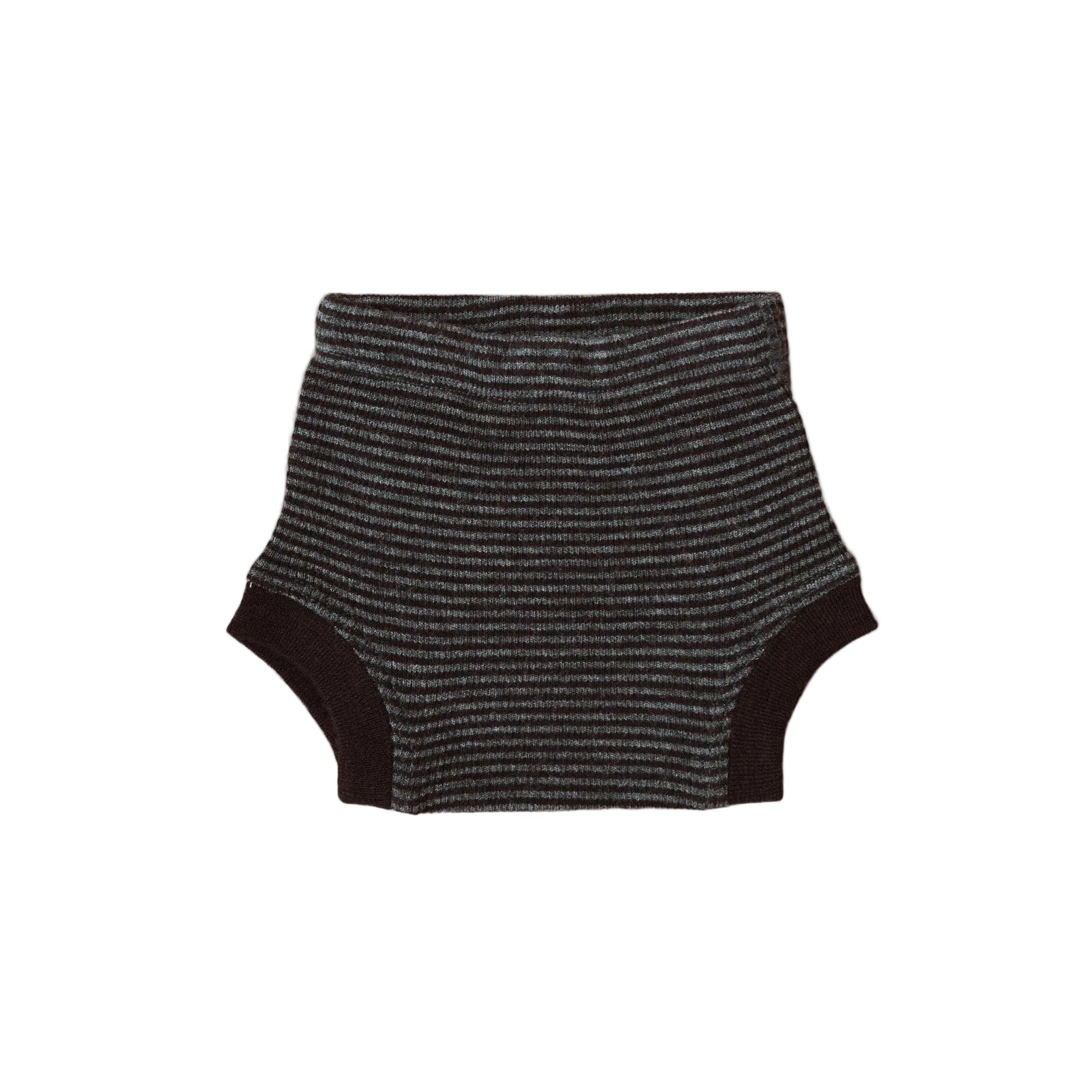 Black and gray striped baby bottoms on a light gray background
