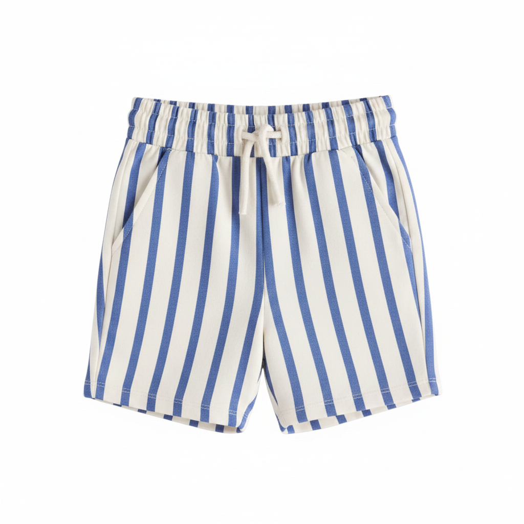 Blue and white cotton striped shorts  against a light gray background