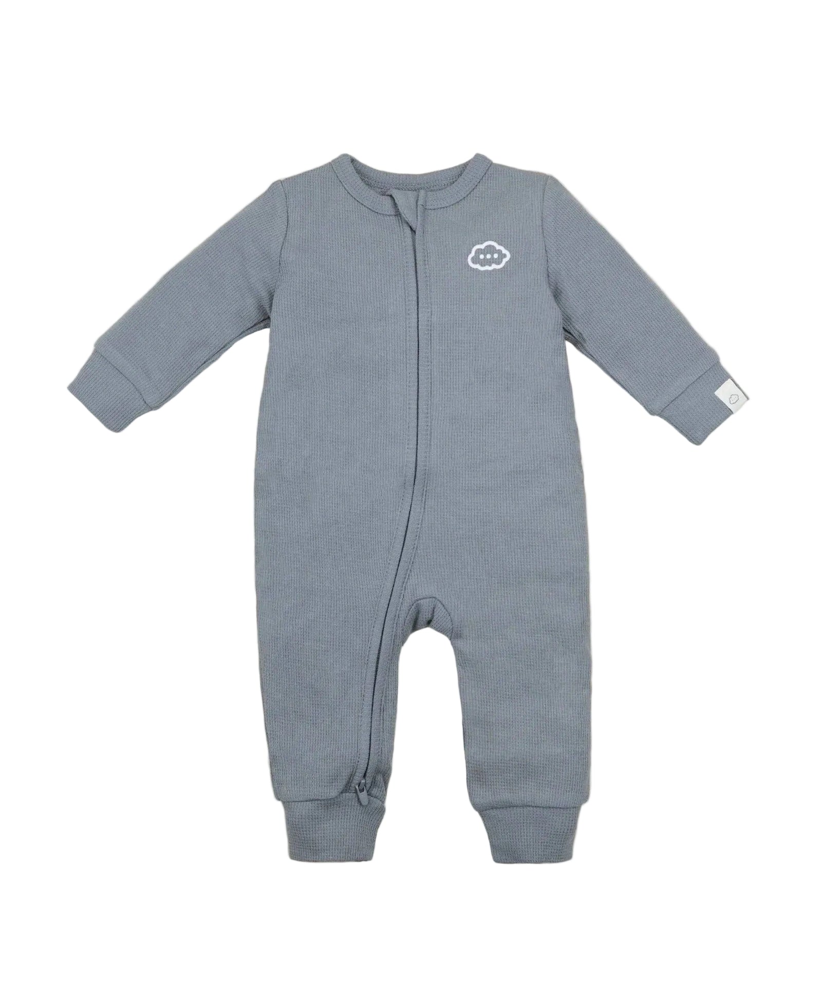 Blue baby onesie with a small logo on a beige background