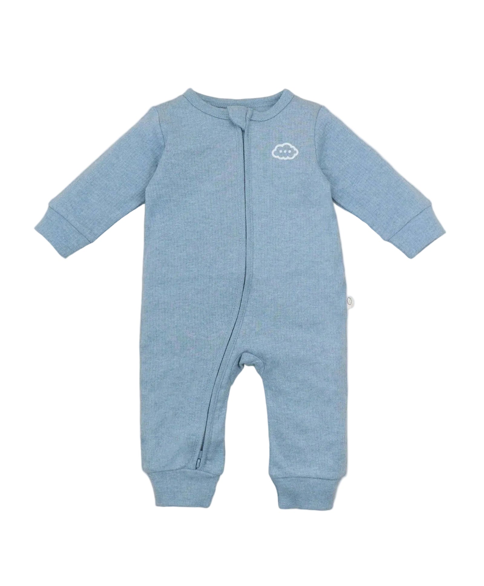Blue baby onesie with a cloud design on a beige background