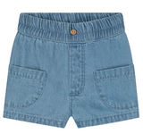 Blue denim shorts with a button on a white background