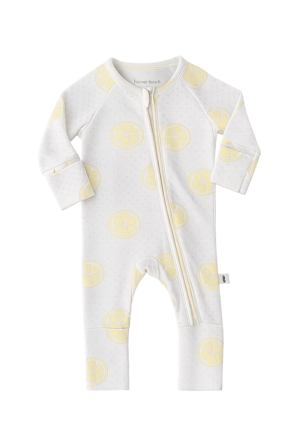 Bamboo zip baby pajamas in lemon drop print
