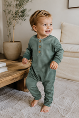 Teal button-front baby romper – view 2