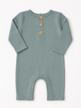 Teal button-front baby romper in organic cotton
