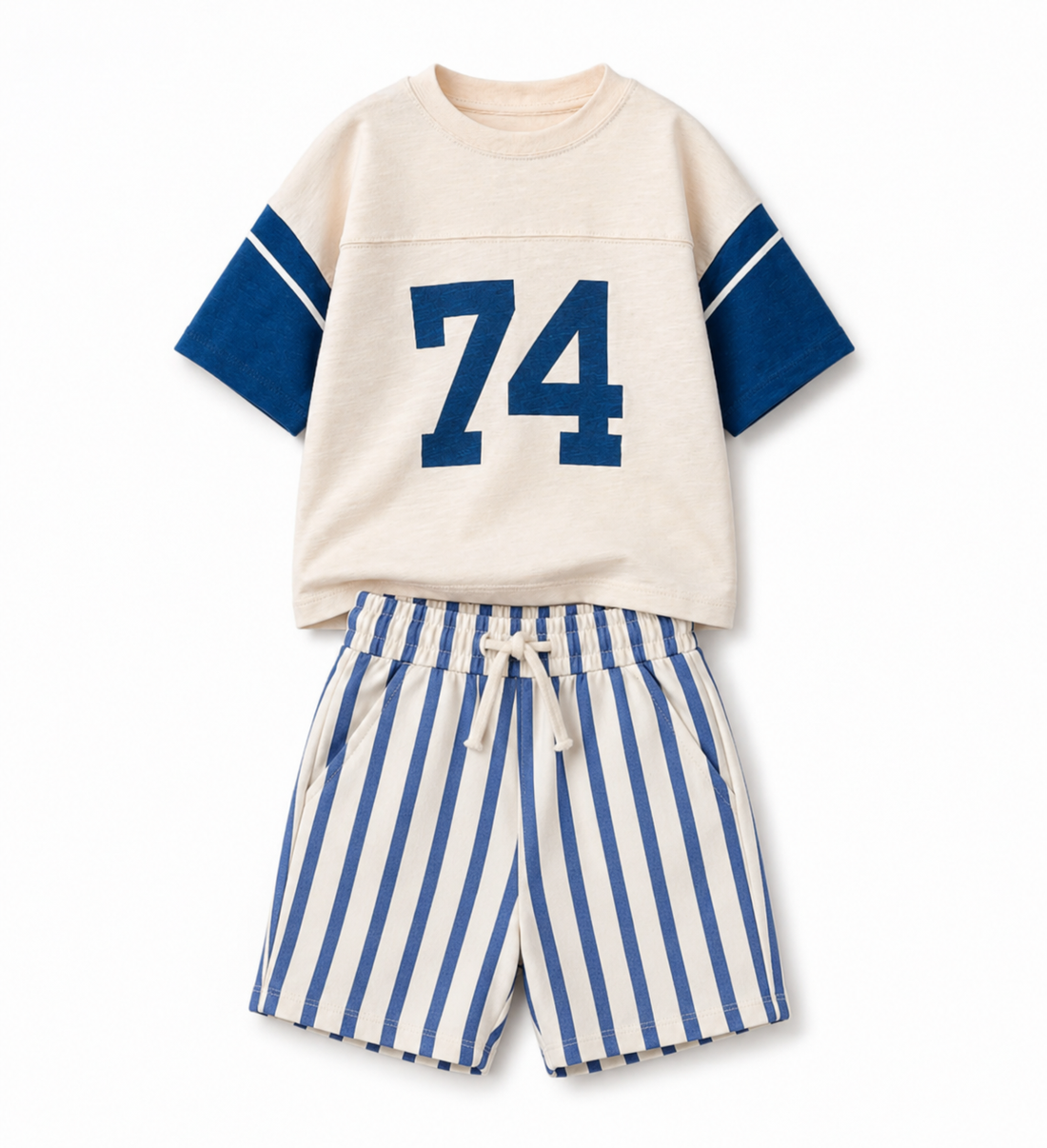 Cobalt Stripe Cotton Shorts and Number Printed T-shirt – Oyster-white