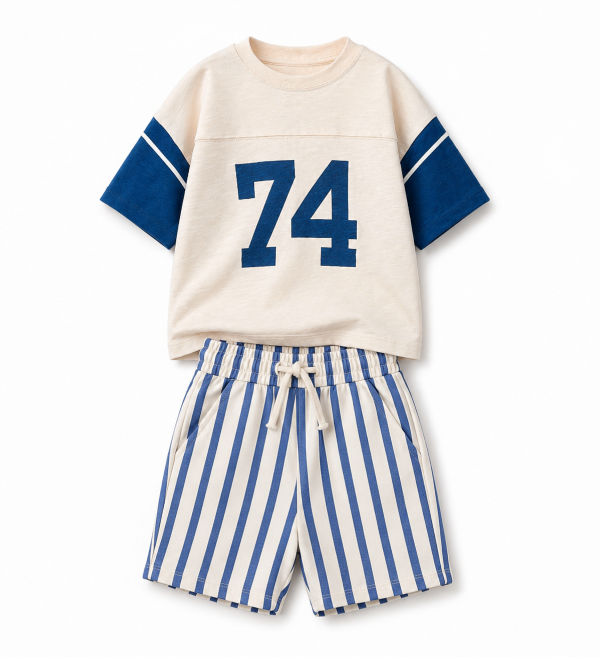 Cobalt Stripe Cotton Shorts and Number Printed T-shirt – Oyster-white