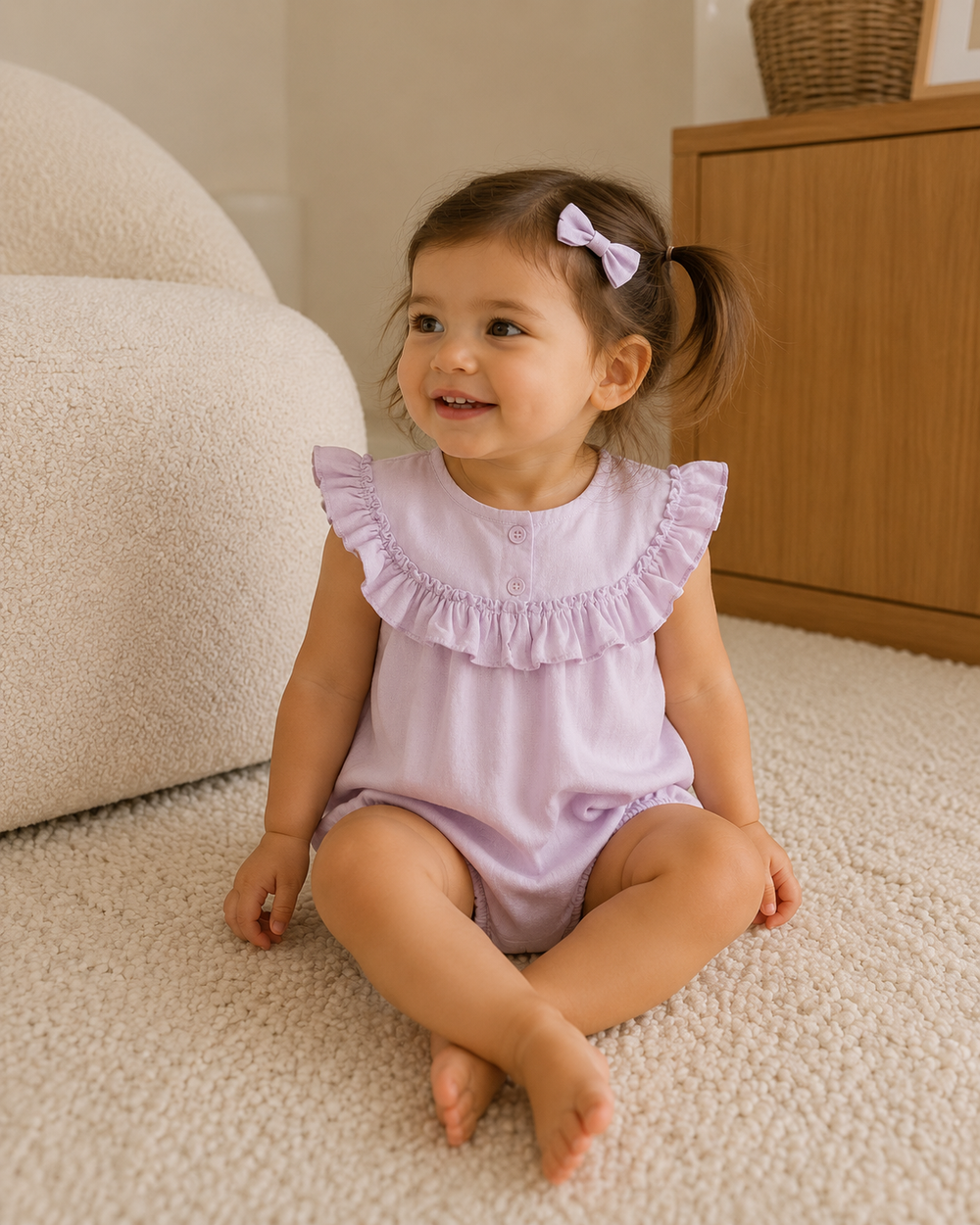 Sweet violet linen baby frill romper – view 2