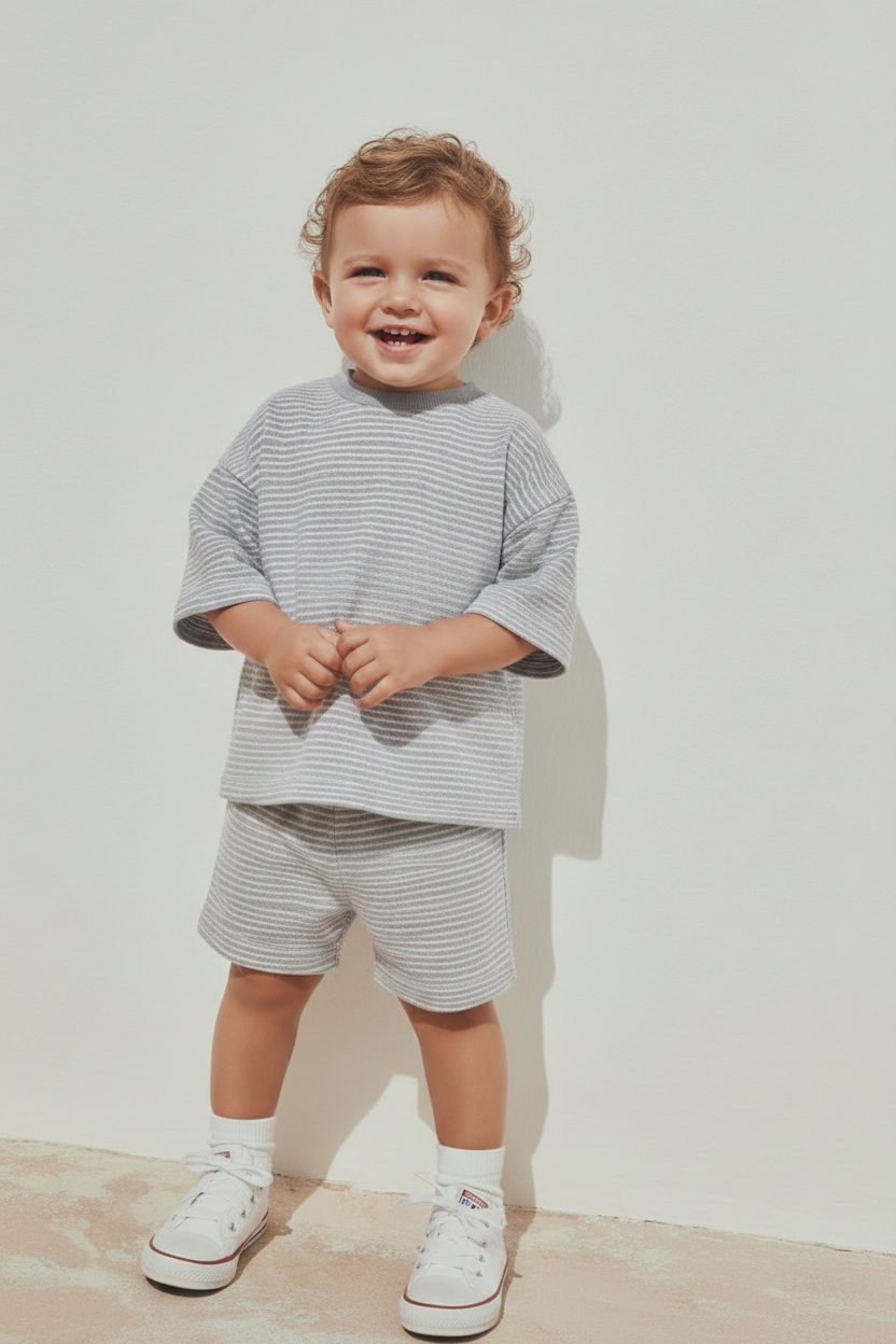 Child wearing a striped outfit with a plain background