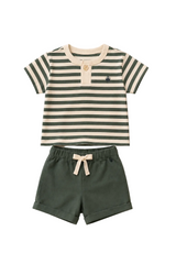 Children's nautical boat sailing outfit with striped shirt and shorts on a beige background