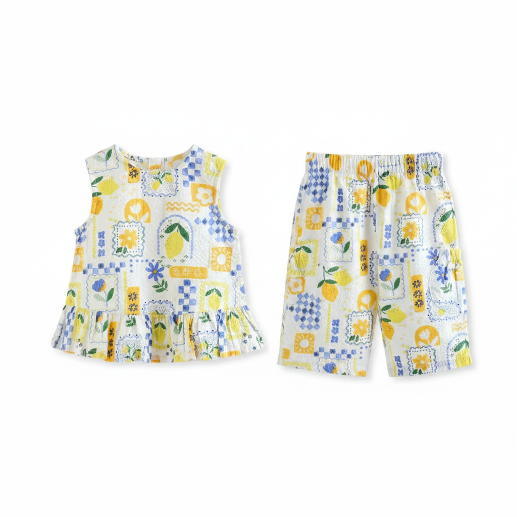 Children's outfit with a pattern of lemons and flowers on a white background