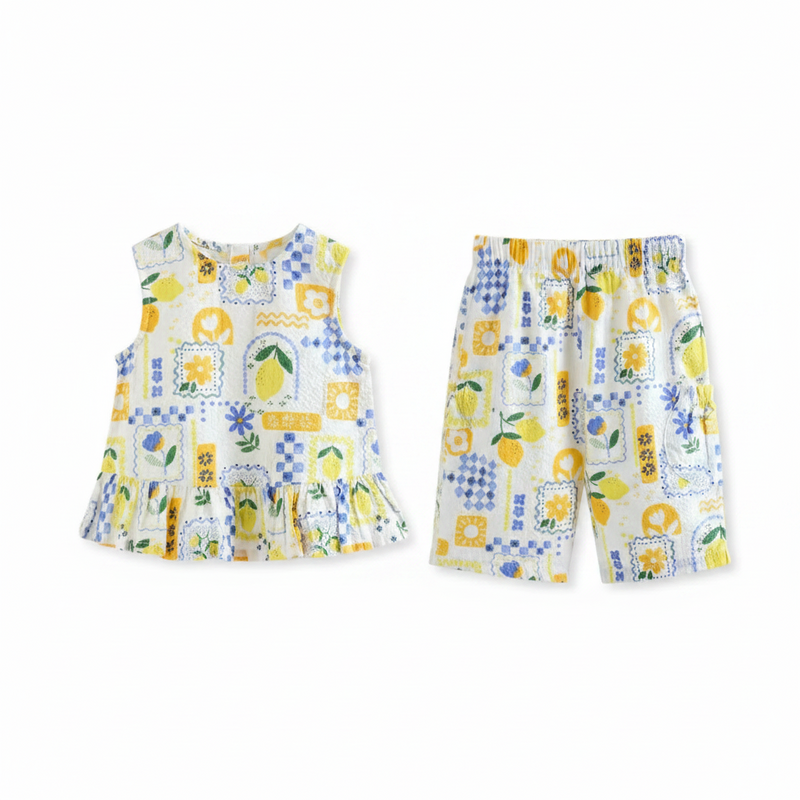 Woven Lemon Matching Set  — Frill Top & Wide-Leg Trousers