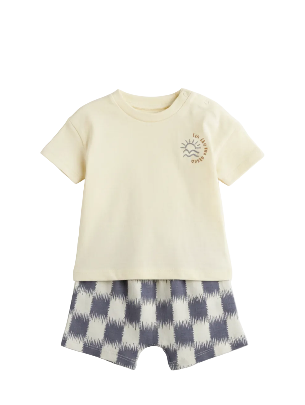 Children's outfit with a yellow t-shirt and checkered shorts on a white background