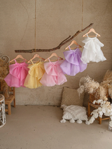 Four children's ruffled dresses in pink, yellow, light pink, and lavender purple, along with one white dress, hanging from a rustic wooden branch on a textured beige wall. The scene is styled with dried grasses, a woven cushion, and a plush toy.