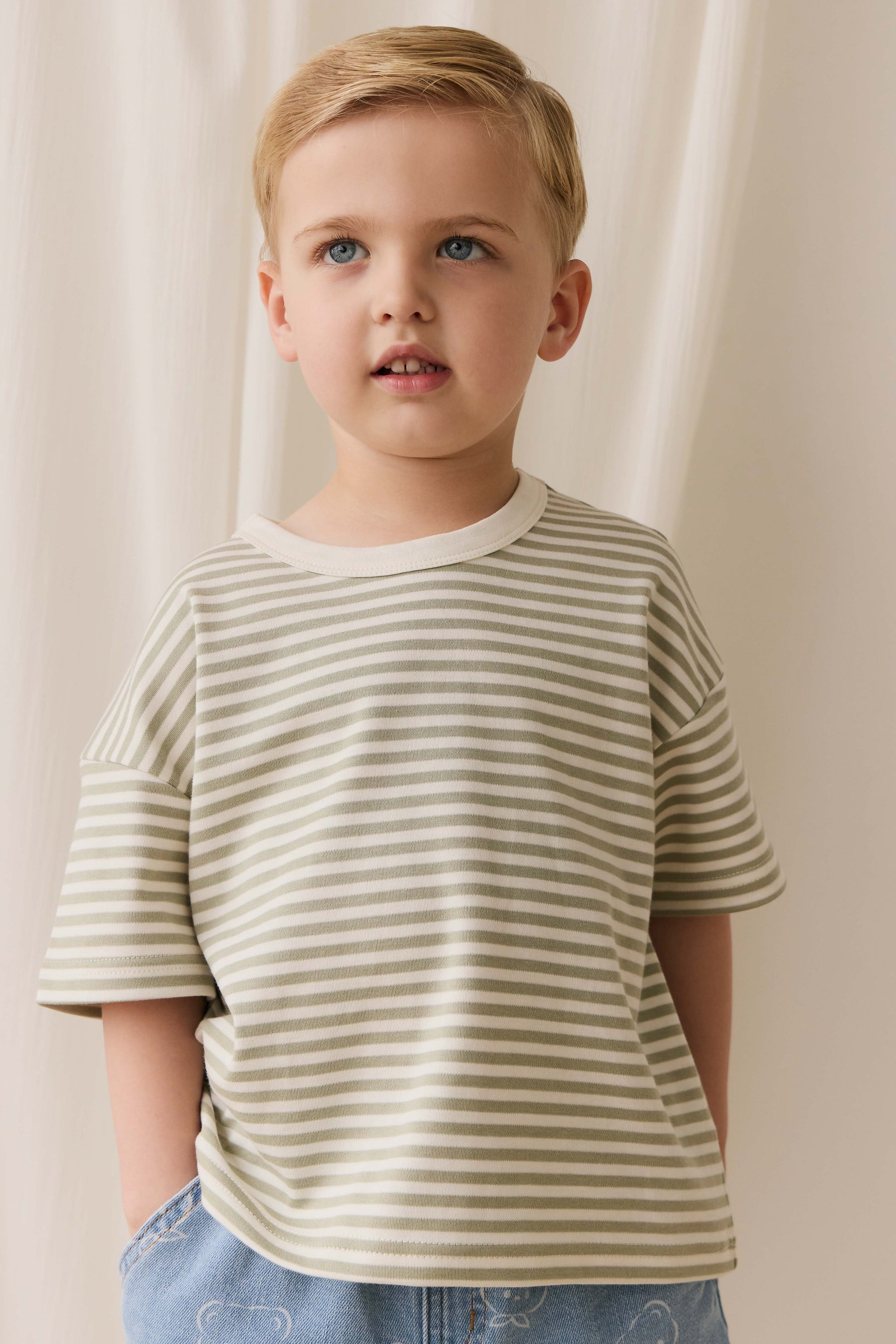 Pima Cotton Wesley Tee - Narrow Stripe Lichen / Cloud Childrens Top from Jamie Kay USA