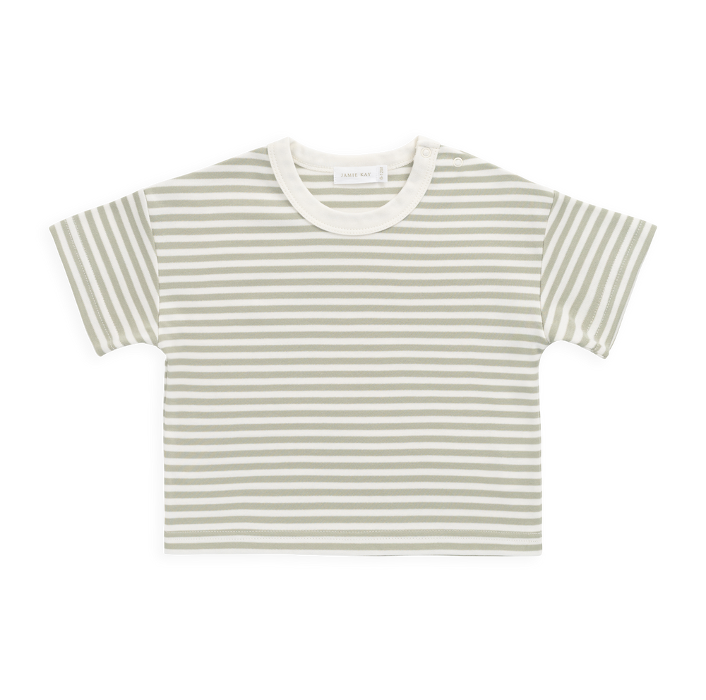 Pima Cotton Wesley Tee - Narrow Stripe Lichen / Cloud Childrens Top from Jamie Kay USA