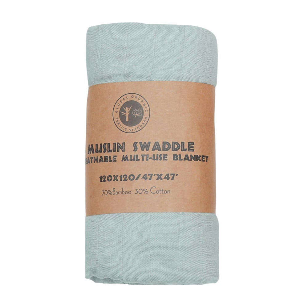 Muslin swaddle blanket with brown paper packaging on a white background