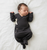 Newborn in storm grey merino kimono gown with fold-over mittens 