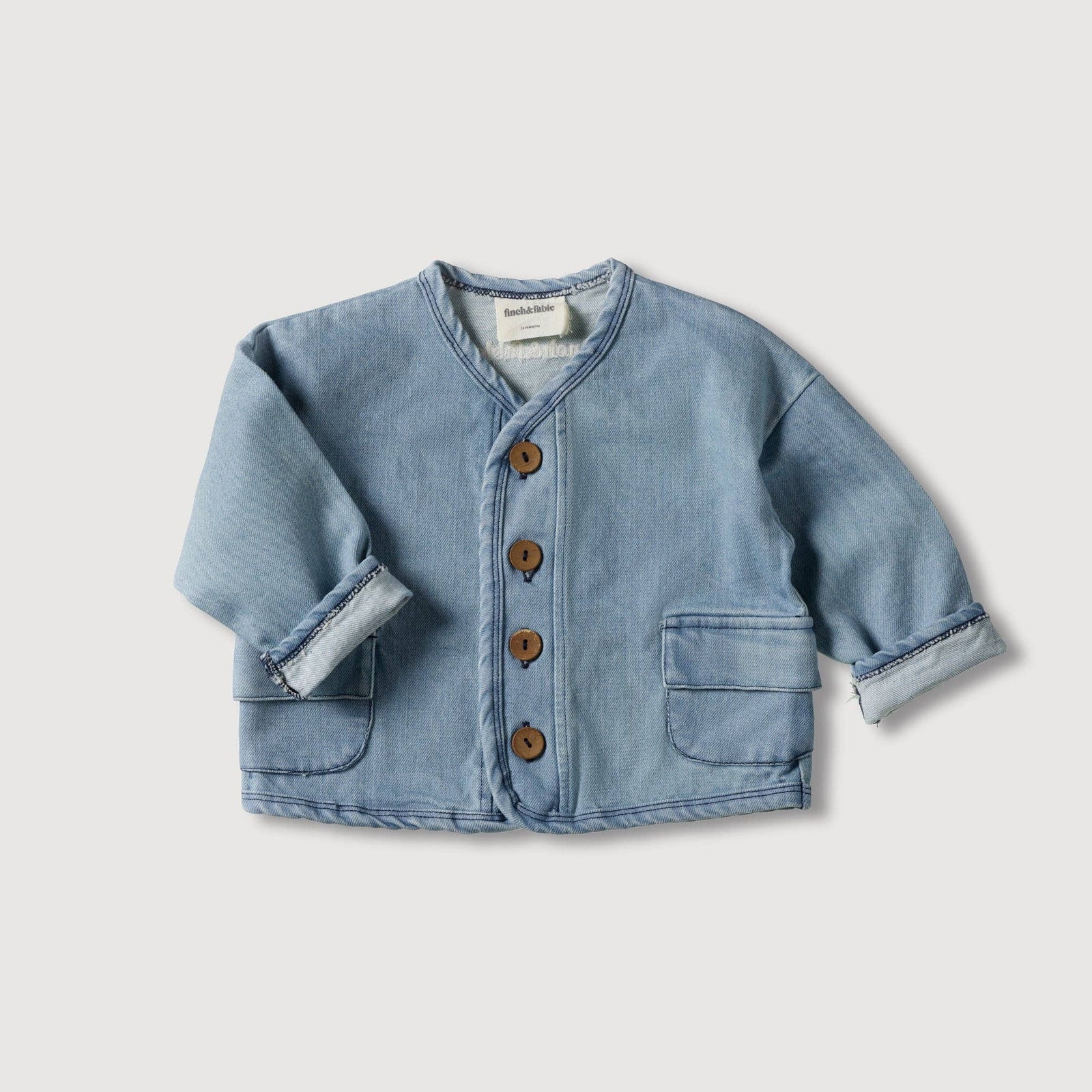 Organic cotton denim jacket for baby and toddler, vintage-washed, front view, Honey & Stitch Club