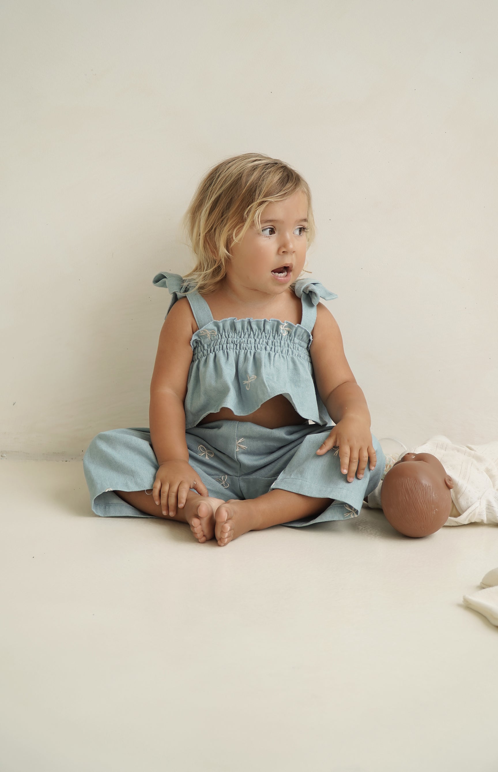 Denim Bow Tie Crop & Pant Set