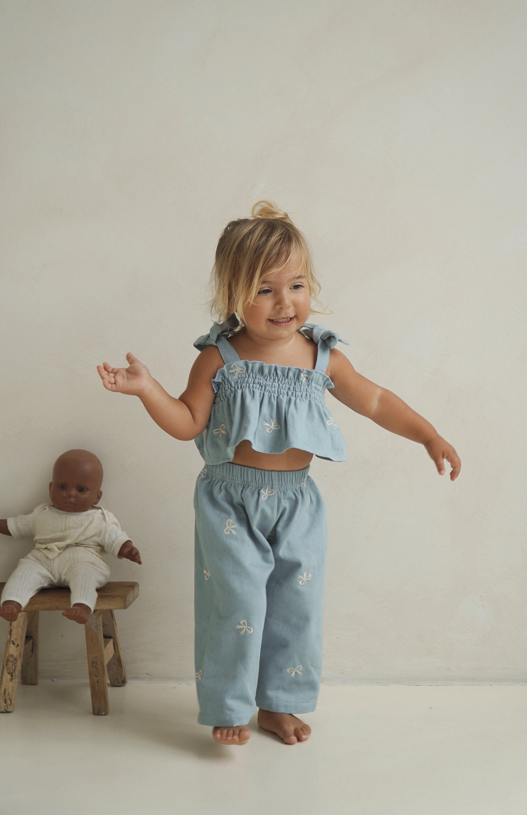 Denim Bow Tie Crop & Pant Set