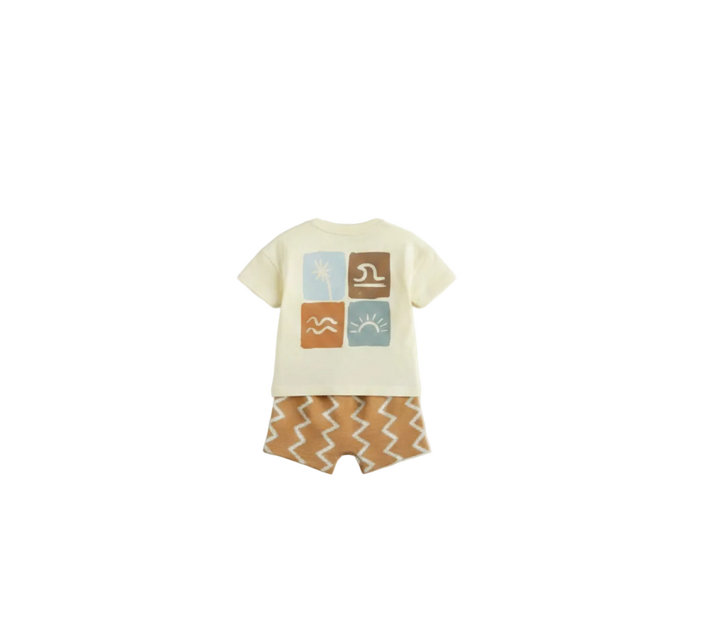 Raglan Tshirt    a patterned shirt and shorts on a light gray background
