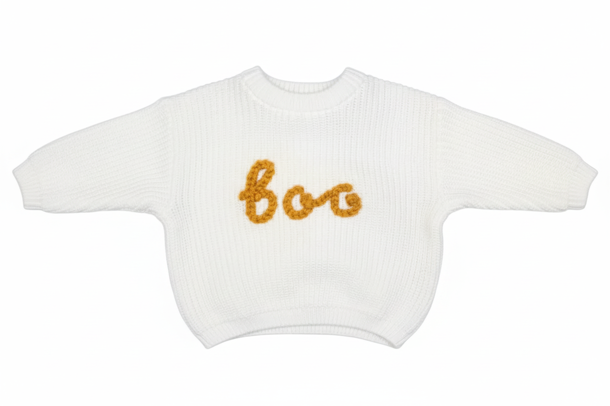White baby sweater with orange text on a white background