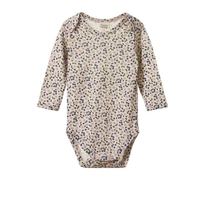 Floral-patterned baby bodysuit on a white background